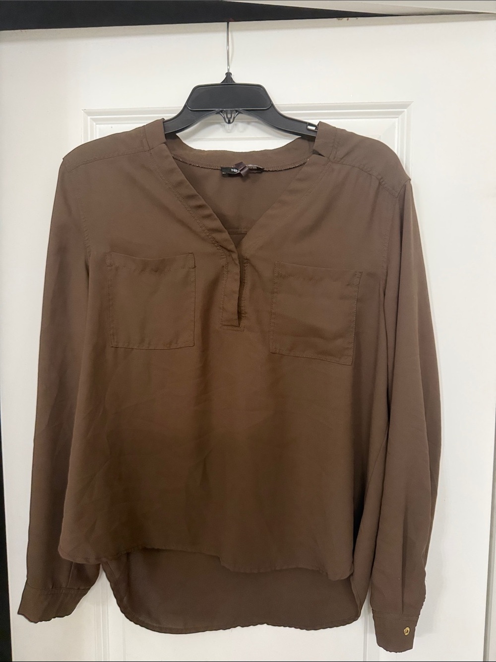 Nine West Brown V-Neck Long Sleeve Pocket Blouse